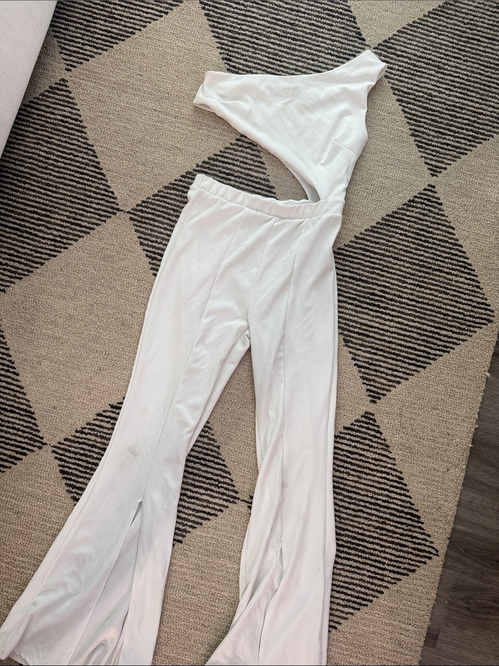 Fashion Nova White One-Shoulder Cutout Flare Jumpsuit
